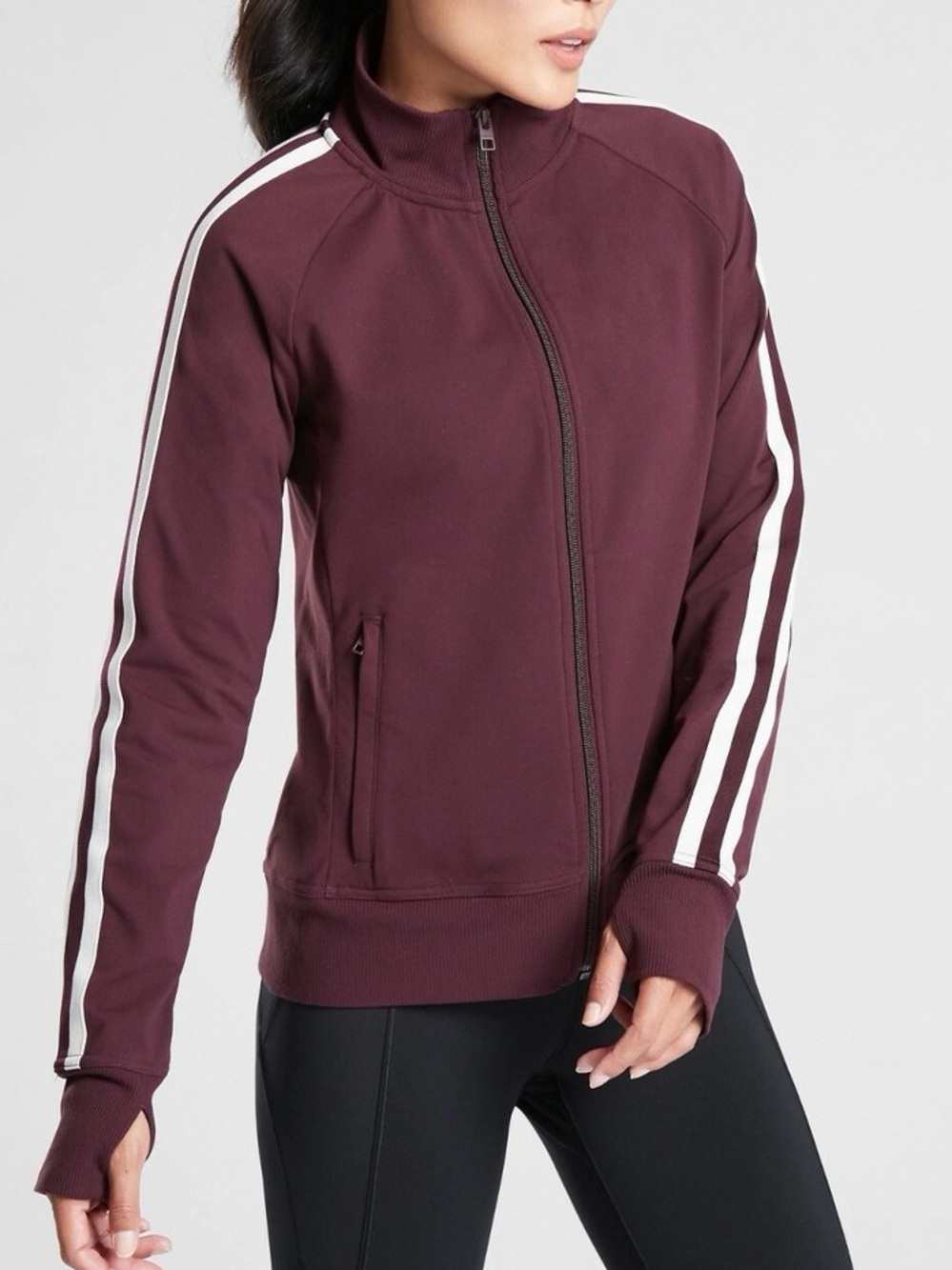 Athleta Women’s Track Maroon Zip-Front Varsity Jacket with White Stripes